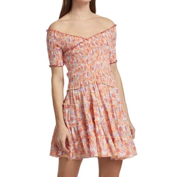 Poupette St Barth 'Soledad' Smocked Floral Mini Dress, Yellow Dahlia - Picture 1 of 3
